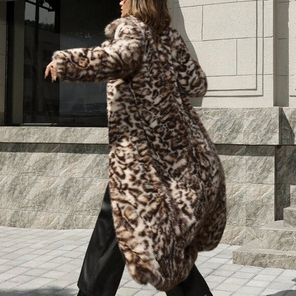 Khaki Casual Women's Leopard Print Faux Fur Coat - Picture 2 of 7